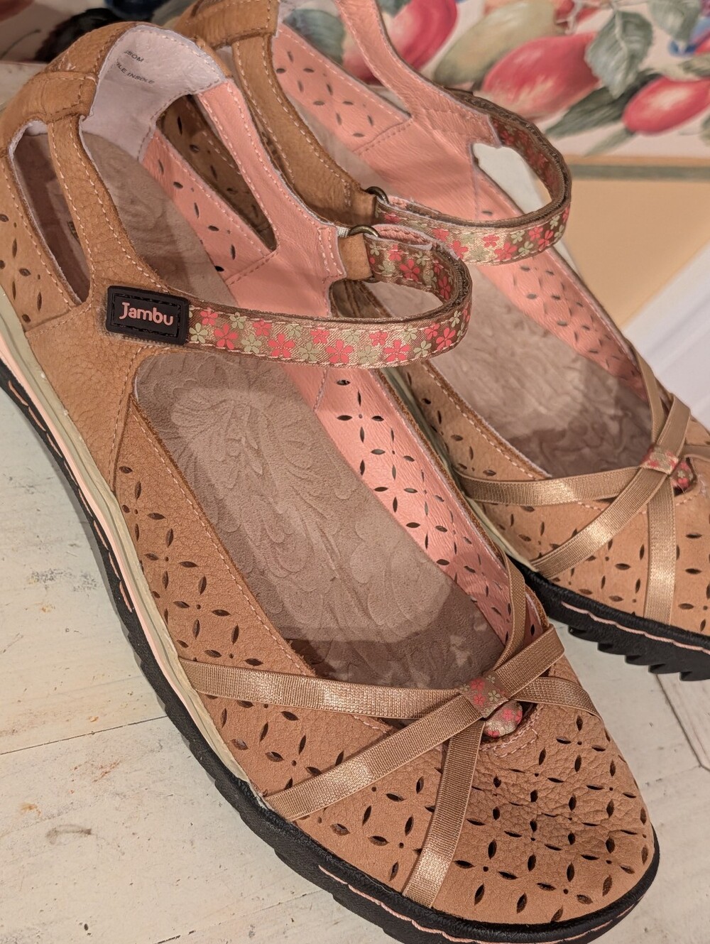 Jambu Leather Cherry Blossom Taupe & Peach Mary Jane Comfort Shoes 11 M